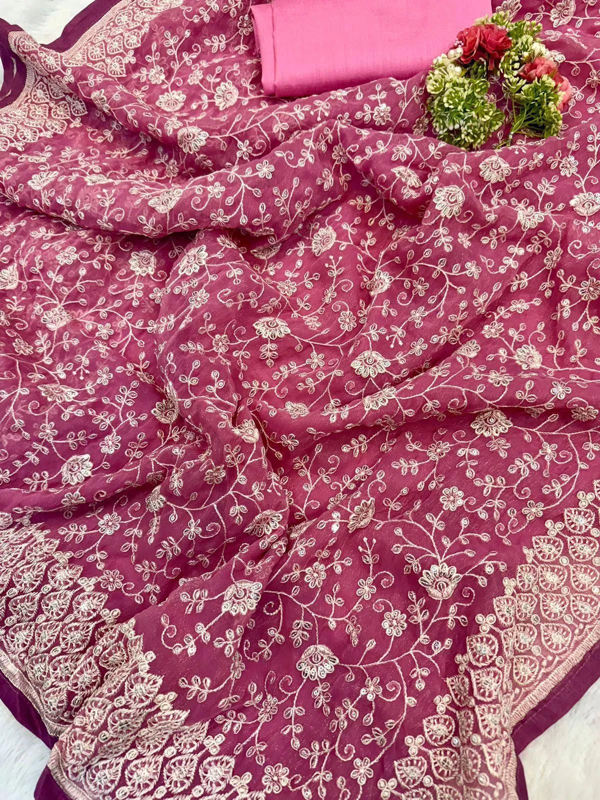 Silk Fabric Chikankari Work With Silk Saree - Image 8 in Surat